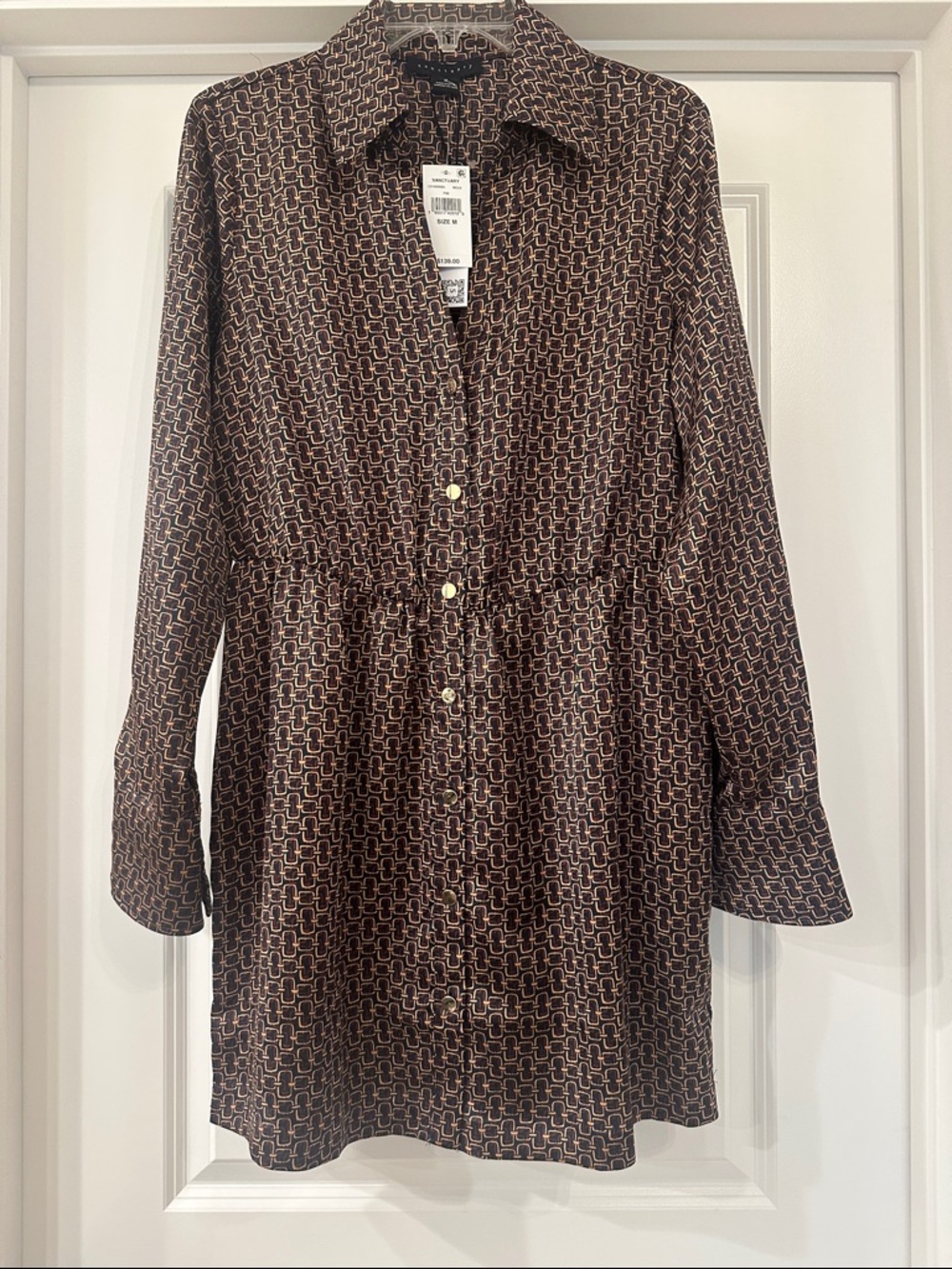 NWOT Sanctuary Brown Geometric Long-Sleeve Shirt Dress 
Size Medium